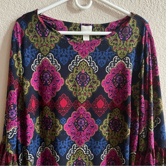 Chicos Medallion Shift Dress Women Sz XL Flare Sleeve Colorful Artsy Jewel Tones - Picture 3 of 10